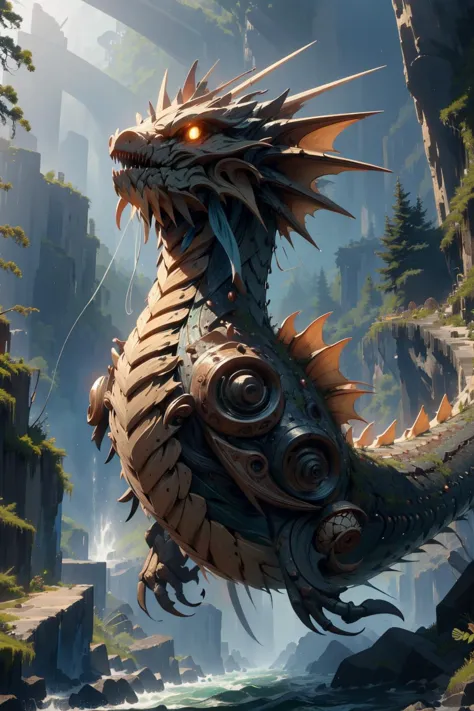 a dragon with a long neck and large wings is standing in front of a waterfall