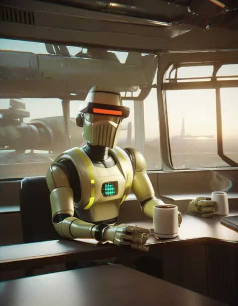 there is a robot sitting at a desk with a cup of coffee