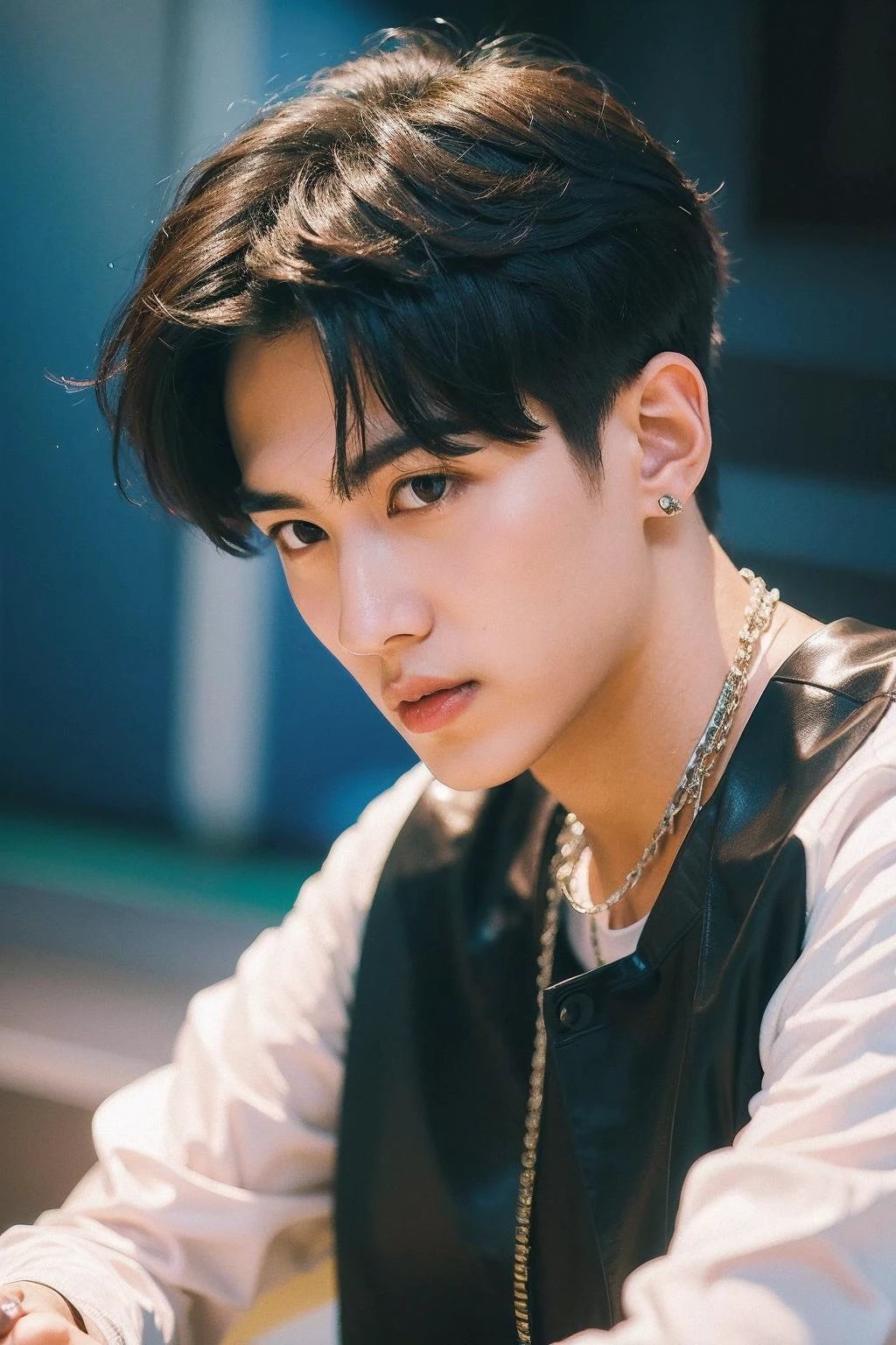 Best Quality,Masterpiece,Ultra High Resolution,(Realisticity:1.4),Original Photo,Cinematic Lighting,
HONGKONG style,HONGKONG, solo, black hair, necklace, jewelry, leather, jacket, 1boy, male focus, realistic, leather jacket, shirt, short hair, white shirt