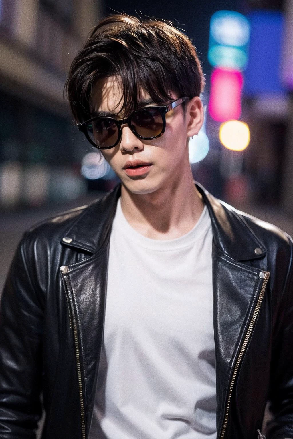 Best Quality, Masterpiece, Ultra High Resolution, (Realisticity:1.4), Original Photo, Cinematic Lighting, 1 boy,HONGKONG, solo, male focus, sunglasses, brown hair, jacket, shirt, blurry background, blurry, upper body, white shirt, realistic, short hair, leather jacket, black jacket, leather, artist name
