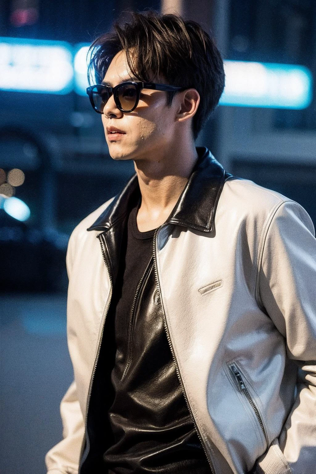 Best Quality, Masterpiece, Ultra High Resolution, (Realisticity:1.4), Original Photo, Cinematic Lighting, 1 boy,HONGKONG, solo, male focus, sunglasses, brown hair, jacket, shirt, blurry background, blurry, upper body, white shirt, realistic, short hair, leather jacket, black jacket, leather, artist name
