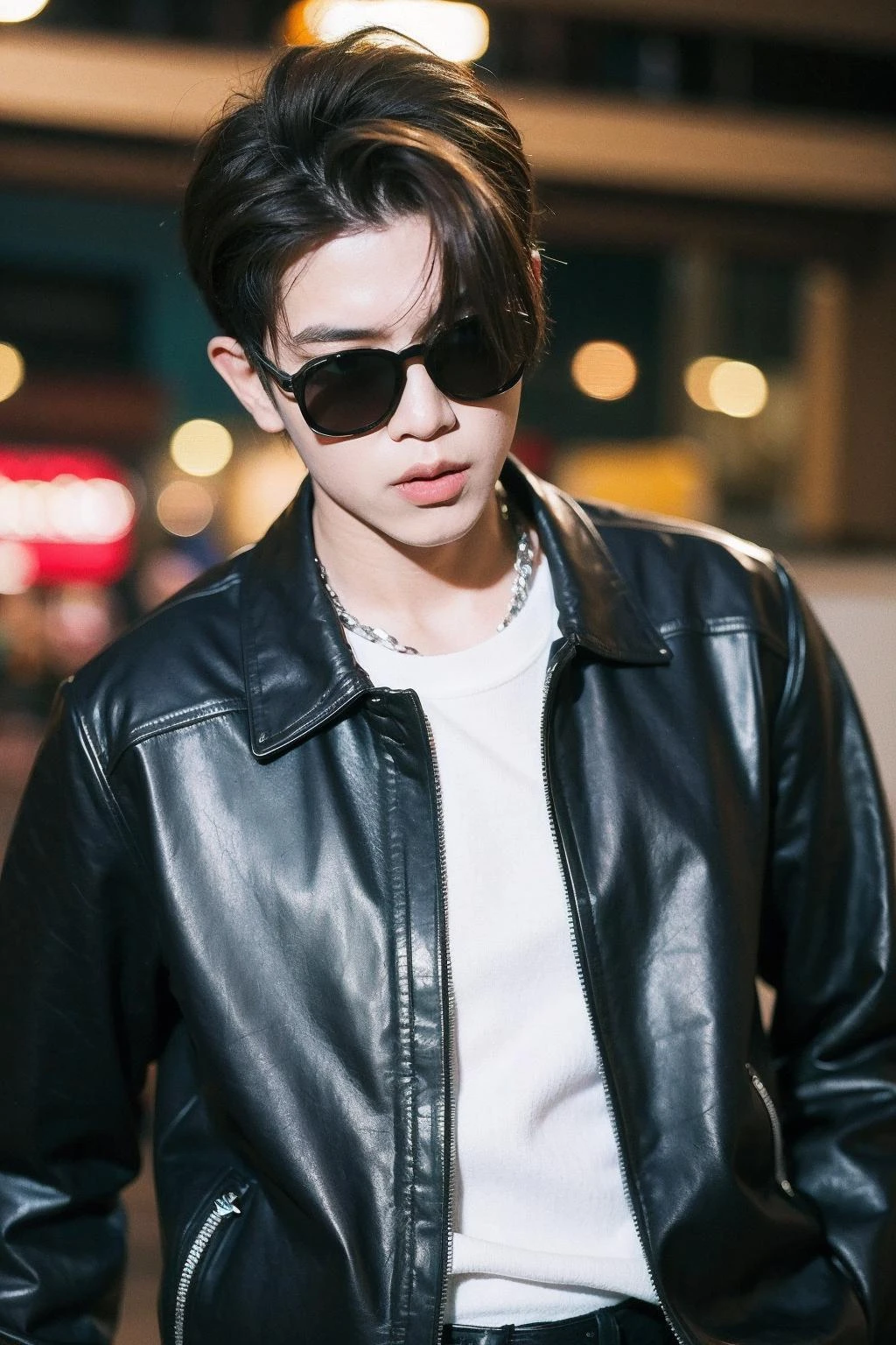 Best Quality,Masterpiece,Ultra High Resolution,(Realisticity:1.4),Original Photo,Cinematic Lighting,
1 boy,HONGKONG, solo, male focus, sunglasses, brown hair, jacket, shirt, blurry background, blurry, upper body, white shirt, realistic, short hair, leather jacket, black jacket, leather, artist name