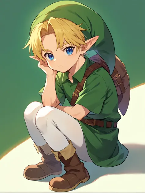 score_9, score_8_up,score_7_up, source_anime,
1boy, solo, YoungLink,<lora:Young_linkPony:1>  blonde hair, green tunic, pointy ears, hat, solo, blue eyes, green_headwear belt, white leggings,  brown boots