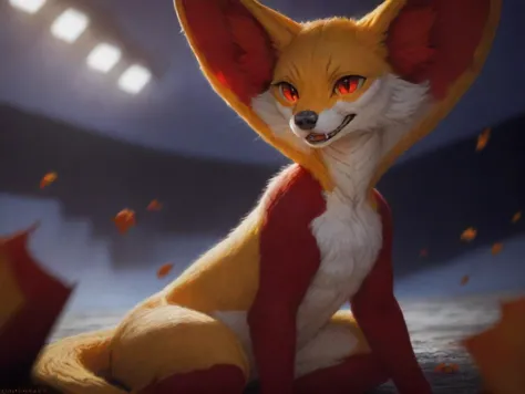 a close up of a fox with a red and white outfit