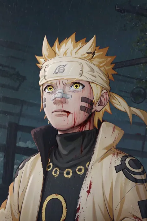 <lora:Naruto_SixPaths:0.95>, Naruto, 1boy, black bodysuit, tomoe \(symbol\), yellow eyes, symbol-shape pupils, gold hair, headband, golden jacket, facial mark, high collar, <lora:yllicft:0.85>, yllicft, solo, rain, injury, blood on face, bandaid on face, bandaid on nose, looking up