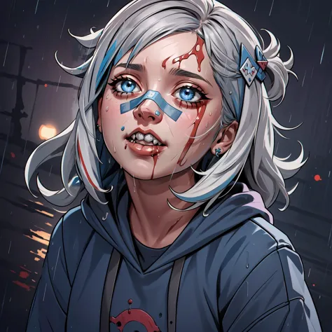 anime girl with blood on her face and blue eyes