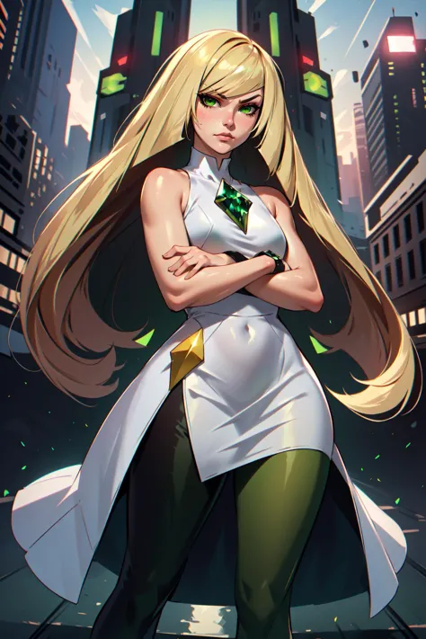 (masterpiece, best quality),  intricate details,
1girl,     <lora:pokemonlusamine-lora-nochekaiser:0.8> pokemonlusamine, blonde hair, (green eyes:1.5), hair over one eye, long hair, multicolored hair, streaked hair, very long hair,, bare arms, diamond (shape), dress, gem, green gemstone, leggings, short dress, sleeveless, sleeveless dress, white dress, white leggings,
outdoors, science fiction, futuristic city, crossed arms, glaring, angry,