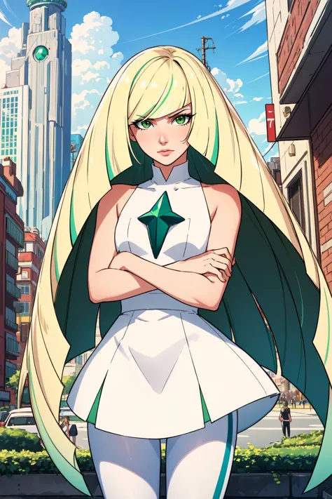 (masterpiece, best quality),  intricate details,
1girl,     pokemonlusamine, blonde hair, (green eyes:1.5), hair over one eye, long hair, multicolored hair, streaked hair, very long hair,, bare arms, diamond (shape), dress, gem, green gemstone, leggings, short dress, sleeveless, sleeveless dress, white dress, white leggings,
outdoors, science fiction, futuristic city, crossed arms, glaring, angry,