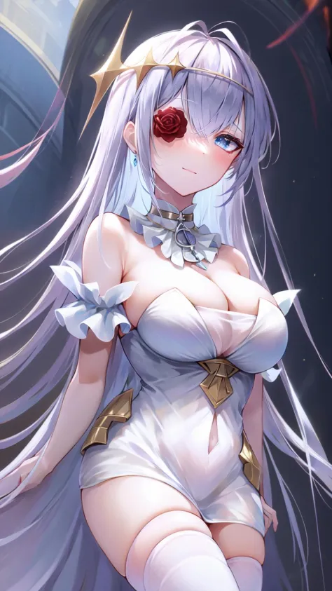 masterpiece, best quality, 1girl, solo, white rose, blue eyes, white dress, white hair, white thighhighs, white flower over eye, hair ornament, bare shoulders, cleavage, strapless dress, eyepatch, hair between eyes, ahoge, detached collar, <lora:EmdenV1.0:...