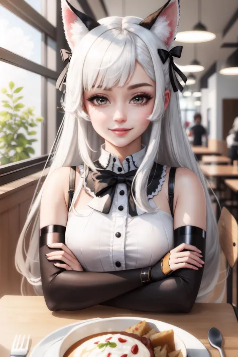 Highly detailed, High Quality, Masterpiece, beautiful, phnChan, crossed arms, white hair, animal ears, grey eyes, bow, thighhighs, (fingerless gloves:1.1), tail, <lora:Char_Meme_Iphonechan:0.9>, food, simple background, elbows on table, cup, blurry background, indoors, upper body, <lora:Pos_AcrossTable:1>, light smile, blush, sparkle,