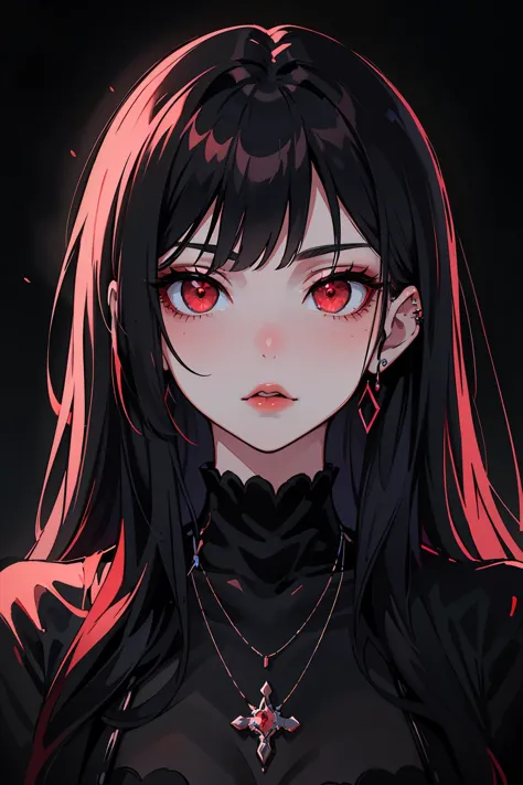 a girl with long black hair and red eyes is staring at the camera