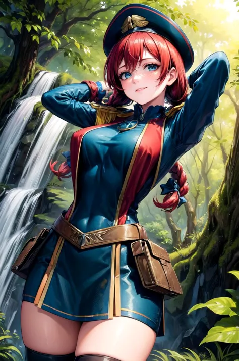 (masterpiece, best quality, detailed), 1girl, solo, looking at viewer, <lora:fastfood_wendys:0.95>, ffwendys, twin braids, hair bow, <lora:edgWar40kCommissarv1:0.85>, edgCommissar, millitary uniform, epaulettes, skull emblem, hat, wearing edgCommissar, jungle, nature, vines, moss, fern, tropical, dappled sunlight, waterfall, hibiscus, red flower, dutch angle, arms behind head, evil smile