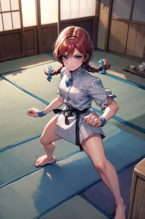 (masterpiece, best quality, detailed), 1girl, solo, ffwendys, twin braids, hair bow, looking at viewer,
<lora:Dougi2:1>, dougi, indoors, tatami, sliding doors, cushion, electric fan, kotatsu, fighting stance, (clenched hands), legs apart, v-shaped eyebrows, serious