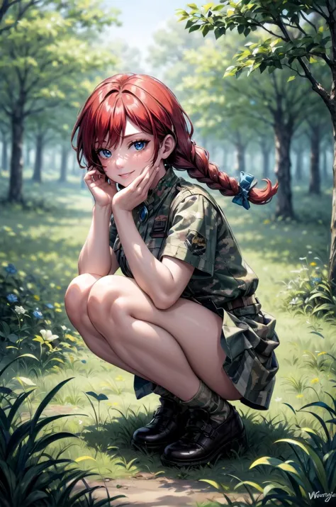 (chef-d&#39;œuvre, Meilleure qualité, détaillé), 1fille, seulement, regarder le spectateur, 
ffwendys, tresses jumelles, arc de cheveux, porter un camouflage_uniforme, En plein air, forêt, nature, herbe, arbre, fleur, feuille, nuit, sombre, squat, Sourire démoniaque