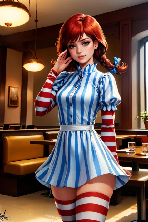 (masterpiece, best quality:1.2), solo, 1girl, ffwendys, smug, smirk, looking at viewer, hand on own face, twin braids, hair bow, striped dress, striped sleeves, puffy sleeves, striped thighhighs, indoors, restaurant <lora:fastfood_wendys-10:1>