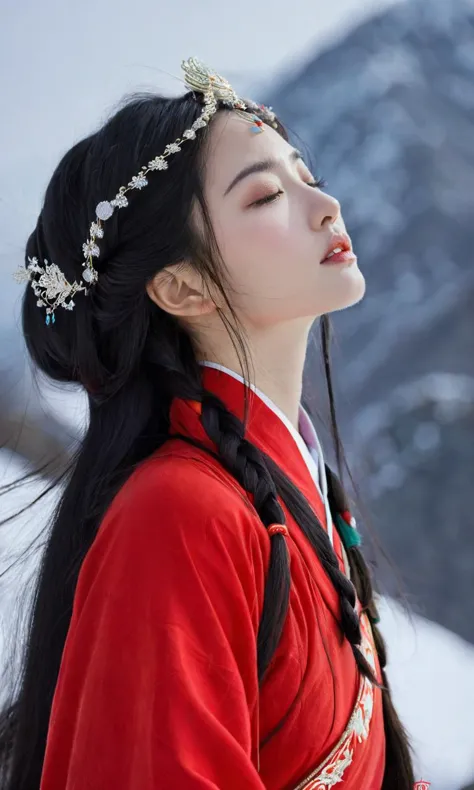 a woman in a red dress with a flower crown on her head