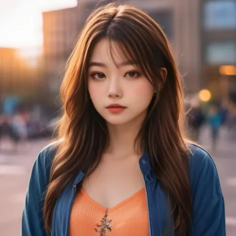 (RAW photo, best quality), (realistic, photo-realistic:1.30),girly,solo,1girl,detailed eyes,hair decoration,trendy expression,jacket,top,pants,(style:1.5),outdoors,mall,clothes,detailed background,(blue and orange tone impression:1.3), soft lighting,gorgeo...