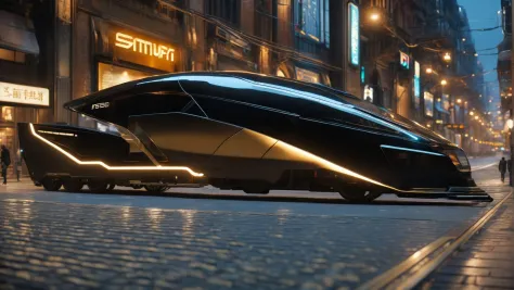 black and brass science fiction ground industrial bullet train in crowded downtown streets, science fiction, cinematic lighting, night time, volumetric light, imax, dslr, highly detailed, volumetric fog, dystopian vibes, dutch angle, cinematic angle
