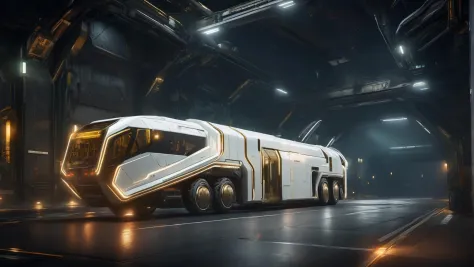 white and brass science fiction hovering military city bus in a tunnel, science fiction, cinematic lighting, night time, volumetric light, imax, dslr, highly detailed, volumetric fog, dystopian vibes, dutch angle, cinematic angle
