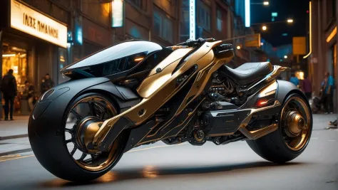 black and brass science fiction hovering industrial motorcycle in crowded downtown streets, science fiction, cinematic lighting, night time, volumetric light, imax, dslr, highly detailed, volumetric fog, dystopian vibes, dutch angle, cinematic angle