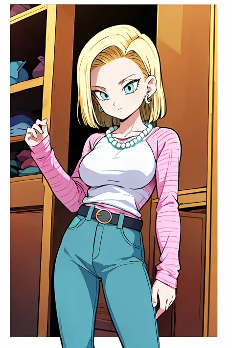 (masterpiece, best quality), 1girl,   <lora:Android 18 - [Dragon Ball] - Version 1:1> android18, blue_eyes, blonde_hair, shirt, long_sleeves, jewelry, medium_breasts, earrings, belt, pants, necklace, denim, casual, jeans, bead_necklace, pearl_necklace