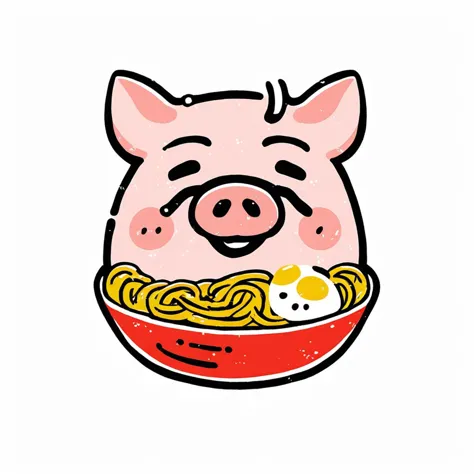 a cartoon pig eating noodles with an egg in a bowl