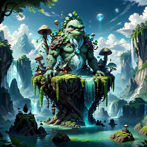 (masterpiece, best_quality, ultra-detailed, immaculate:1.3), epic, illustration, Magical floating islands with translucent giant PEPE mega-physique guardian  watching over earth, solo, outdoors, sky, cloud, water, armor, glowing, , cloudy sky, staff, glowing eyes, rock, mountain,  <lora:ral-mytfrst-sdxl:0.8> ral-mytfrst , fantasy, glowing, glowing eyes, fantasy landscape, floating islands, falling waterfalls,   <lora:guardian:0.9> enormous guardian spirit   <lora:ponydiffusionv6_pepethefrog:1>