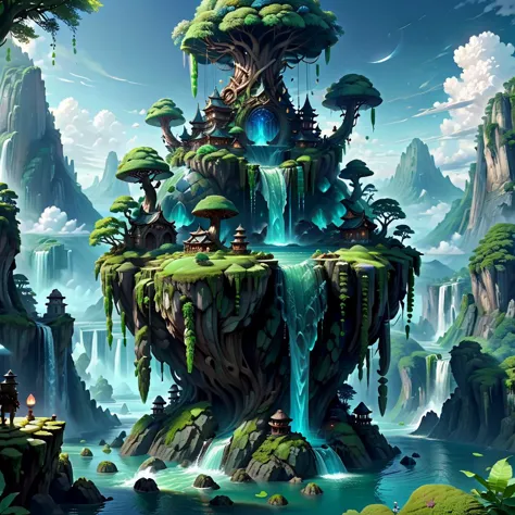 (masterpiece, best_quality, ultra-detailed, immaculate:1.3), epic, illustration, Magical floating islands with translucent giant PEPE mega-physique guardian  watching over earth, solo, outdoors, sky, cloud, water, armor, glowing, , cloudy sky, staff, glowing eyes, rock, mountain,  <lora:ral-mytfrst-sdxl:0.8> ral-mytfrst , fantasy, glowing, glowing eyes, fantasy landscape, floating islands, falling waterfalls,   <lora:guardian:0.9> enormous guardian spirit   <lora:ponydiffusionv6_pepethefrog:1>