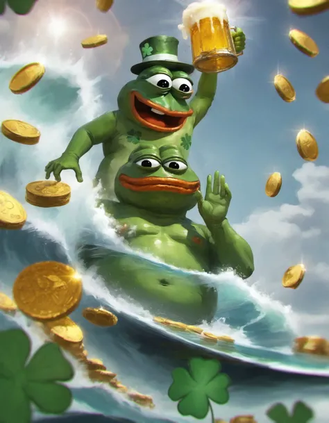 (happy:1.2) Overweight pepe the frog (leprechaun:1.2) orange beard,  pile of gold coins on BG (field of green four leaf clover:1.2) (holding beer:1.2)
score_9, score_8_up, score_7_up, score_6_up, rating_questionable
low angle, (fisheye:1.2)
(pepe the frog:1.3) frog (St.Patrick's Day theme:1.3), (surreal:1.3) (gold coins:1.2) (rainbow:1.2) (celtic:1.3) landscape on BG
 <lora:ponydiffusionv6_pepethefrog:0.8> pepe the frog  <lora:Digital Art Style SDXL_LoRA_Pony Diffusion V6 XL:0.78> indoors
 <lora:add-detail-xl:0.32> <lora:Concept Art Twilight Style SDXL_LoRA_Pony Diffusion V6 XL:0.68>