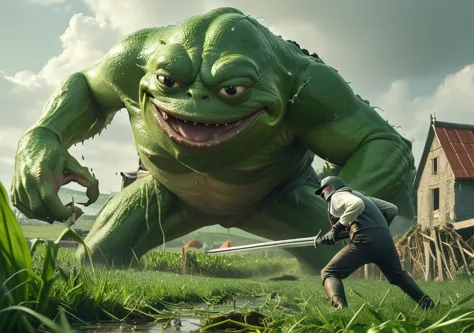 an action shot of a farmer fighting a giant fantasy Bosstyle monster pepe frog giant, destroyed farm in background, Bosstyle, hkstyle, HD, masterpiece, best quality, hyper detailed, ultra detailed, super realistic <lora:ponydiffusionv6_pepethefrog:1> <lora:XL_boss_battle:0.8> Bosstyle