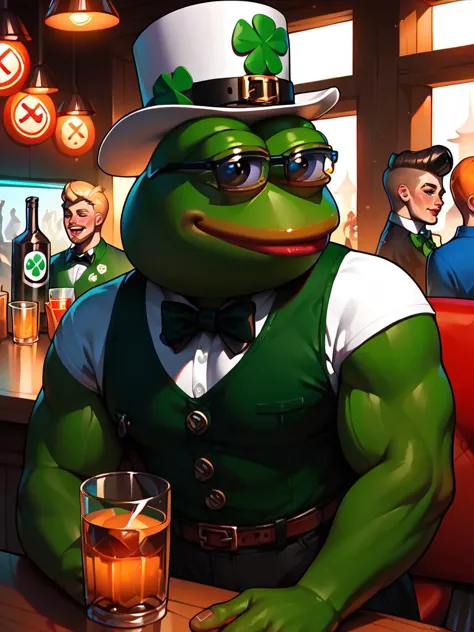 score_9, score_8_up, score_7_up, score_6_up, score_5_up, score_4_up score_9, score_8_up, score_7_up, score_6_up, score_5_up, score_4_up, happy pepe the frog getting drunk on St. Patrick's day in an Irish pub, <lora:ponydiffusionv6_pepethefrog:1>, <lora:SDXLFaeTastic2400:0.4>, <lora:xl_more_art-full_v1:0.4>