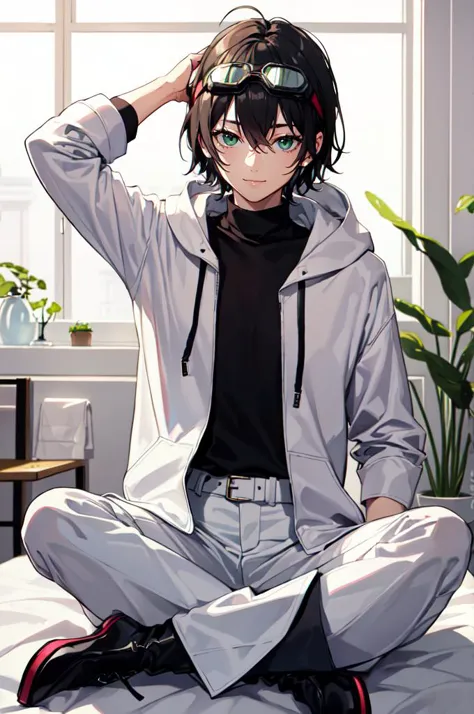 <lora:LotusPosition:0.75> LotusPosition, Lotus position,, absurdres, ultra detailed, masterpiece, best quality, aesthetic, detailed,, ultra detailed, masterpiece, best quality, solo, smile, 1boy, green eyes, short hair, black hair, bangs, hair between eyes, messy hair, (goggles on head:1.2),, headband, white coat, hooded coat, hood down, open coat, turtleneck, capri pants, pants, black knee boots,