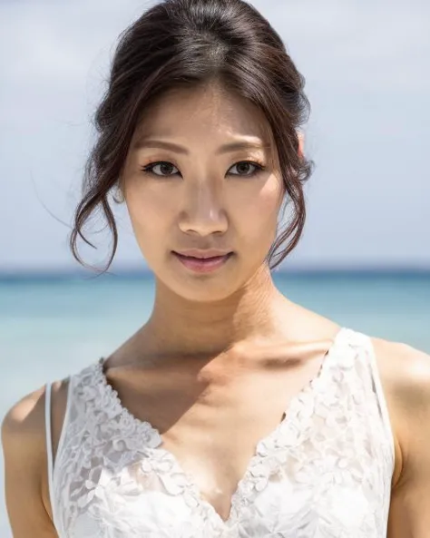 a woman in a white dress standing on a beach