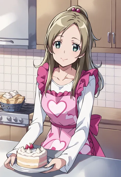 anime girl in pink apron holding a plate with a cake on it