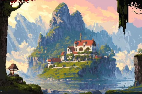 (floating island, medieval house, summer, dappled sunlight:1.2), sun, tree, forest, scenery, rock, reflection, water, lake, island, ancient, overgrown, mountains, sunset, clouds, mountainous horizon, fantasy, medieval, (masterpiece, exceptional, best aesthetic, best quality, masterpiece, extremely detailed:1.2), <lora:PixelScenery:0.7>, <lora:outline:-1>, (pixel art, pixelated:1.2)