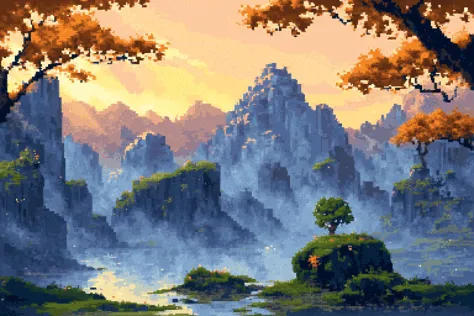 (blue theme, summer, dappled sunlight, 1other, looking away, cloak:1.2), sun, tree, forest, scenery, rock, reflection, water, lake, island, ancient, overgrown, mountains, sunset, clouds, mountainous horizon, fantasy, medieval, (pixel art, pixelated:1.2) <lora:PixelScenery:0.7> <lora:outline:-1>, (masterpiece, exceptional, best aesthetic, best quality, masterpiece, extremely detailed:1.2)