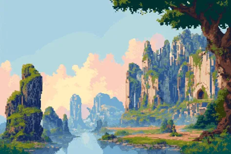 (blue theme, summer, dappled sunlight:1.2), sun, tree, forest, scenery, rock, reflection, water, ancient, overgrown, mountains, sunset, clouds, mountainous horizon, fantasy, medieval, 1other, looking away, cloak, (pixel art, pixelated:1.2) <lora:PixelScenery:0.7> <lora:outline:-1>, (masterpiece, exceptional, best aesthetic, best quality, masterpiece, extremely detailed:1.2)