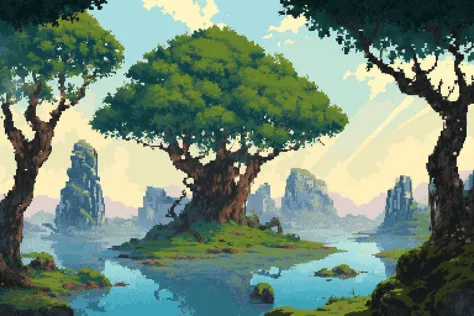 (huge tree, summer, dappled sunlight, 1other, looking away, cloak:1.2), sun, tree, forest, scenery, rock, reflection, water, lake, island, ancient, overgrown, mountains, sunset, clouds, mountainous horizon, fantasy, medieval, (masterpiece, exceptional, best aesthetic, best quality, masterpiece, extremely detailed:1.2), <lora:PixelScenery:0.7>, <lora:outline:-1>, (pixel art, pixelated:1.2)