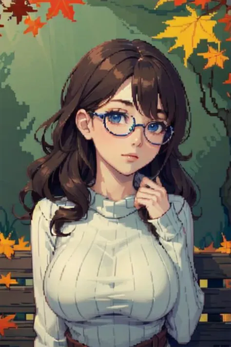 <lora:camilleunknown:0.7> pixel art
masterpiece, portrait, stunningly beautiful 1girl, (cute:1.1), beautiful feminine face, medium breasts, round glasses, thick sweater, nerdy, wavy brown hair, autumn, aroused, blushing