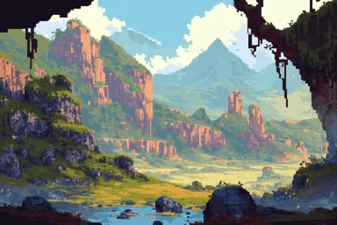 (blue leaves, summer, dappled sunlight:1.2), sun, tree, forest, scenery, rock, reflection, water, ancient, overgrown, mountains, sunset, clouds, mountainous horizon, fantasy, medieval, 1other, looking away, cloak, (pixel art, pixelated:1.2) <lora:camilleunknown-000007:0.7> <lora:outline:-1>, (masterpiece, exceptional, best aesthetic, best quality, masterpiece, extremely detailed:1.2)