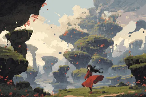 1girl, black hair, blunt bangs, breasts, closed mouth, cloud, cloudy sky, day, dress, falling leaves, floating city, floating island, floating rock, grass, leaf, long hair, looking at viewer, looking back, outdoors, path, red dress, red footwear, scenery, shoes, sky, small breasts, smile, solo, standing, wide shot, (masterpiece, exceptional, best aesthetic, best quality, masterpiece, extremely detailed:1.2), <lora:GoodHands-beta2:1>, nice hands, perfect hands, <lora:darkness (konosuba)_v1:0.6>, <lora:PixelScenery:0.7>, <lora:outline:-1>, (pixel art, pixelated:1.2)