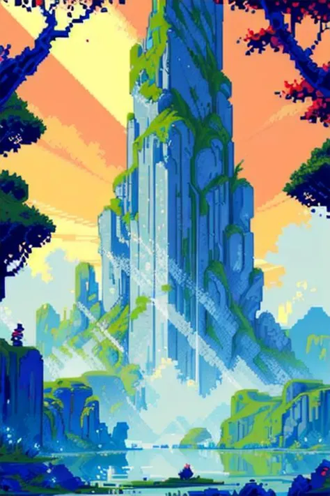 a pixel art style picture of a tall tower in the middle of a forest