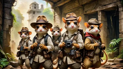 A group photograph of a lizard, a lemur, and a hamster, dressed in indiana jones clothing, wearing backpacks and stetson hats, t...