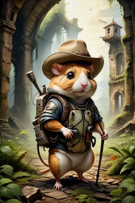 cute (hampster-robot hybrid:1.8) walking through abandoned ruins reclaimed by nature, wearing a backpack and stetson hat, using ...
