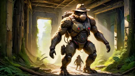 A (sasquatch-robot hybrid:1.8) walking through abandoned ruins reclaimed by nature, wearing a backpack and stetson hat, dressed ...
