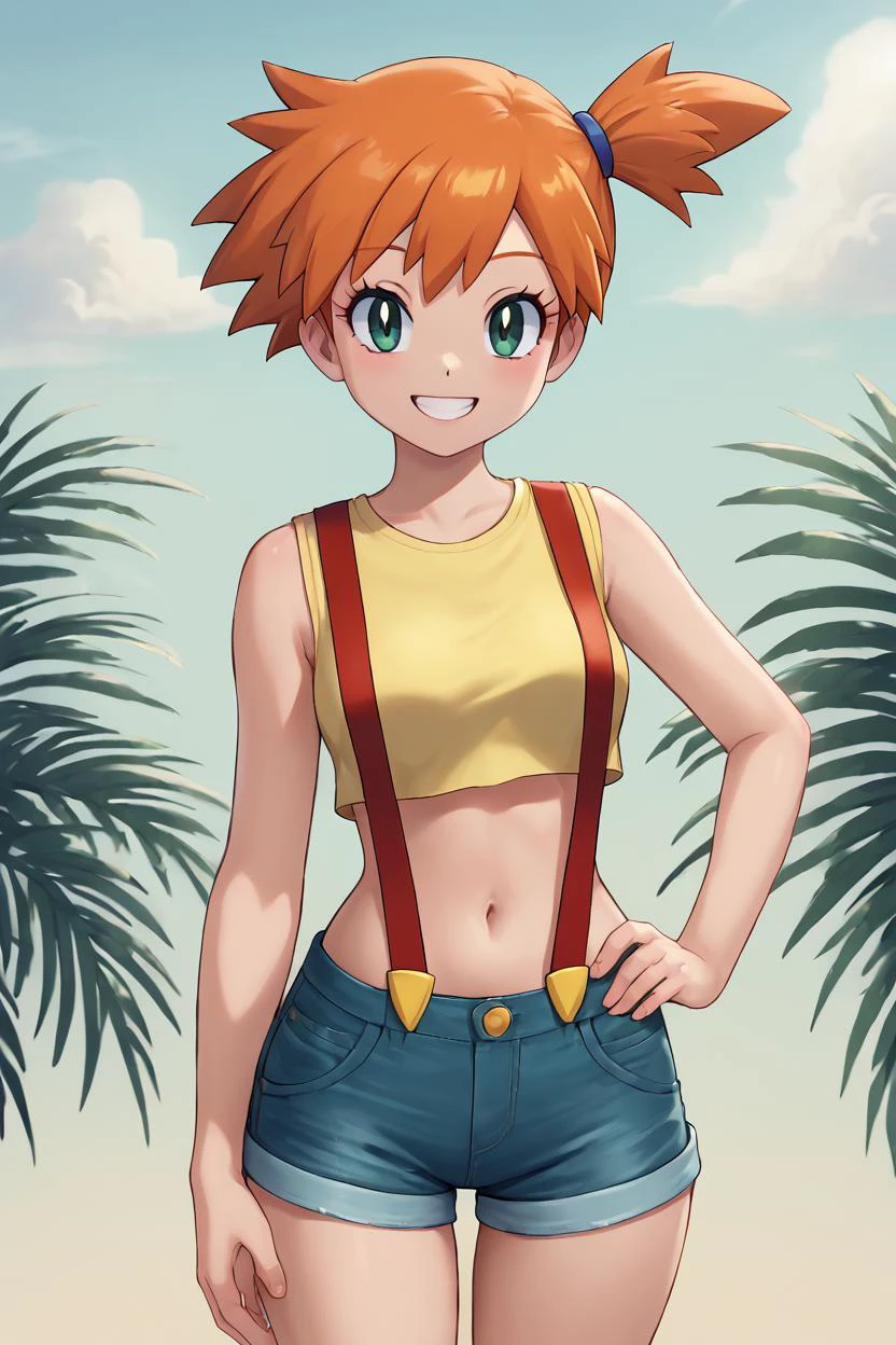 high resolution, highly detailed, perfect lighting, beautiful detailed eyes,   ((masterpiece,best quality)), absurdres, solo,     , v, Misty (Pokemon), yellow crop top, suspenders, side ponytail, orange hair, denim shorts, solo, smiling, looking at viewer, cowboy shot, contrapposto, hand on hip, tropical background,