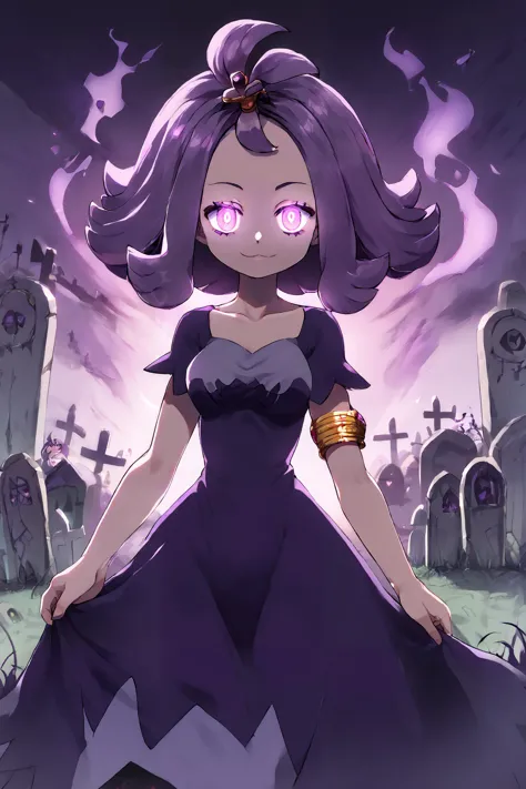 high resolution, highly detailed, perfect lighting, beautiful detailed eyes,   ((masterpiece,best quality)), absurdres, solo,   <lora:Acerola_Pokemon_P1:0.8>, glowing eyes,  acerola (pokemon), purple hair, purple hair, topknot, flipped hair, collarbone, purple dress, stitches, multicolored dress, armlet, smile, looking at viewer, cowboy shot, medium breasts, curvy, narrow waist,  graveyard, floating fires,  <lora:LunarCAT_Style:0.8>, <lora:KuroCAT_Style:0.3>,