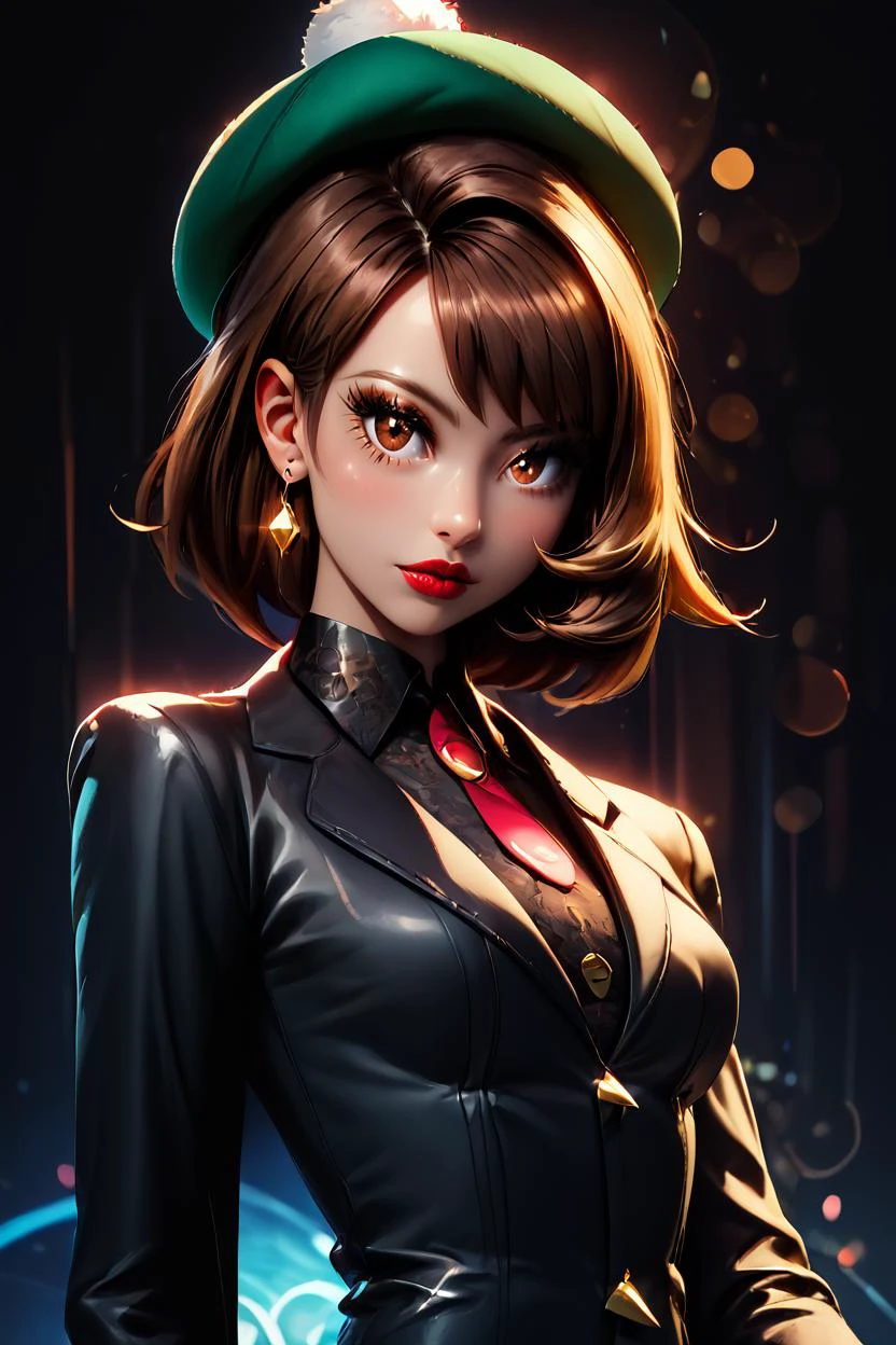 score_9, score_8_up, score_8, medium breasts, (ultra realistic,32k, masterpiece:1.2),(high detailed skin:1.1),( high quality:1.1), (curvy), cute, eyelashes,  gloria (pokemon), green hat, brown hair, brown eyes, looking at viewer, black jacket, formal, suit, black background, red lips, curvy, head tilt, shiny clothes, holding pokeball,  bokeh, luminescent background,