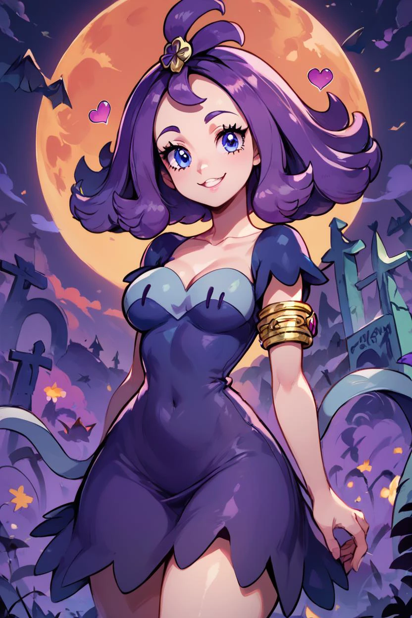 score_9, score_8_up, score_8, medium breasts, (curvy), cute, eyelashes,       acerola (pokemon), purple hair, purple hair, topknot, flipped hair, collarbone, purple dress, stitches, multicolored dress, armlet, smile, looking at viewer, cowboy shot, medium breasts, curvy, narrow waist, graveyard, embedding:zPDXL,