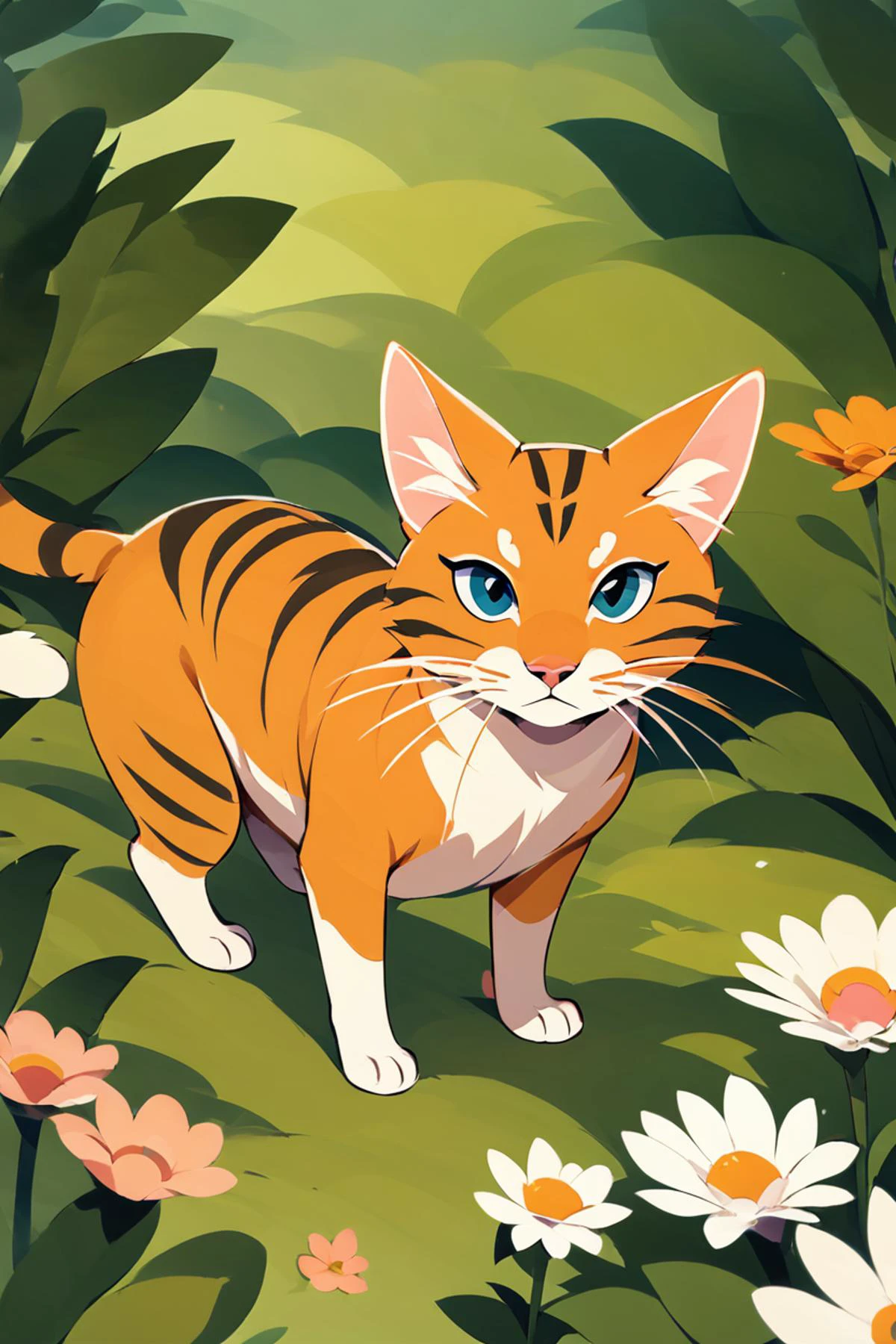 score_9, score_8_en haut, score_8,  seulement, regarder le spectateur, Tout le corps, fleur, en plein air, pas d&#39;humains, animal, chat orange, herbe, usine, white fleur, mise au point sur les animaux, moustaches,   